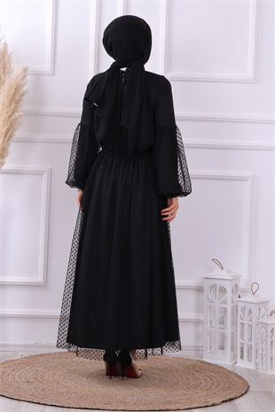 Msr Dantel Detaylı Ponponlu Elbise Siyah