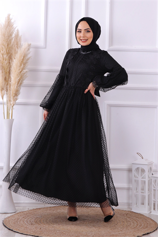 Msr Dantel Detaylı Ponponlu Elbise Siyah