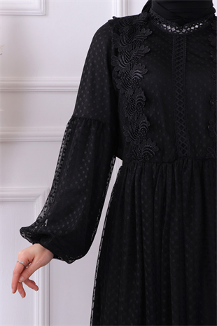 Msr Dantel Detaylı Ponponlu Elbise Siyah