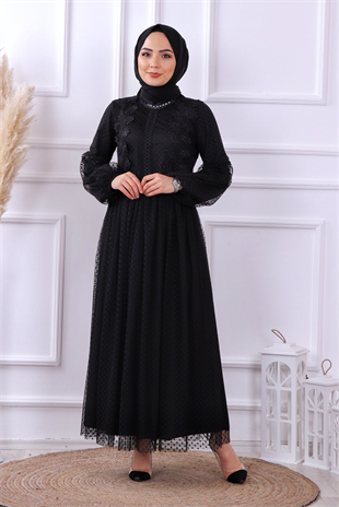 Msr Dantel Detaylı Ponponlu Elbise Siyah