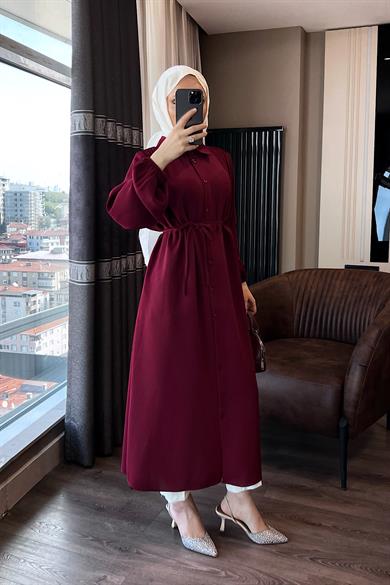 Omuz Pile Detay Düğmeli Tunik Bordo