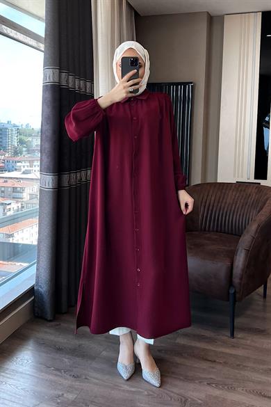 Omuz Pile Detay Düğmeli Tunik Bordo