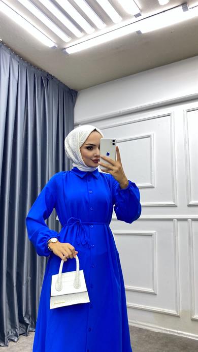 Omuz Pile Detay Düğmeli Tunik Saks Mavisi