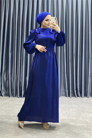 Omuzları Aplikli Saten Elbise Lacivert