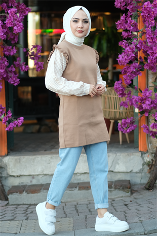 Omuzları Fırfırlı Kolları Kumas Tunik