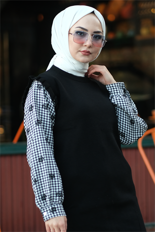 Omuzları Fırfırlı Kolları Kumas Tunik Siyah