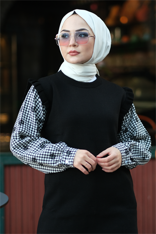 Omuzları Fırfırlı Kolları Kumas Tunik Siyah
