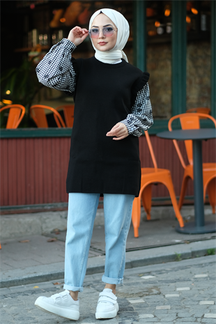 Omuzları Fırfırlı Kolları Kumas Tunik Siyah