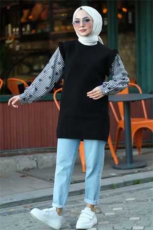 Omuzları Fırfırlı Kolları Kumas Tunik Siyah