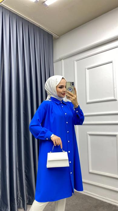 Omuzları Taşlı Tunik Saks Mavisi