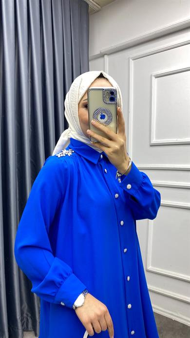 Omuzları Taşlı Tunik Saks Mavisi