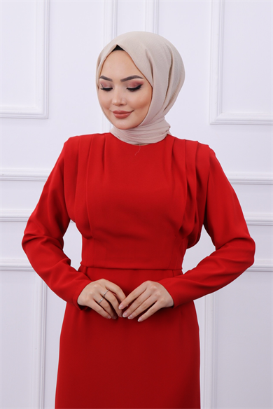 Omuzları Vatkalı Elbise Kırmızı
