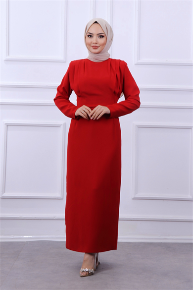 Omuzları Vatkalı Elbise Kırmızı