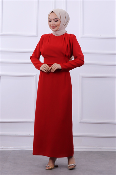 Omuzları Vatkalı Elbise Kırmızı
