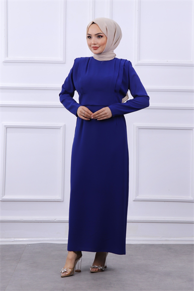 Omuzları Vatkalı Elbise Saks