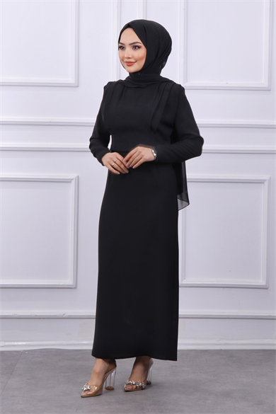 Omuzları Vatkalı Elbise Siyah