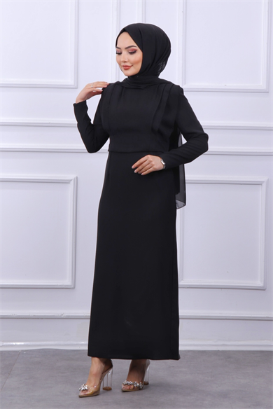 Omuzları Vatkalı Elbise Siyah