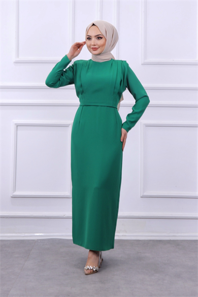 Omuzları Vatkalı Elbise Yeşil