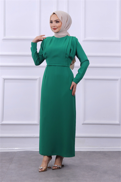 Omuzları Vatkalı Elbise Yeşil