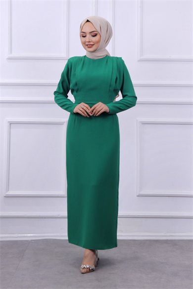 Omuzları Vatkalı Elbise Yeşil