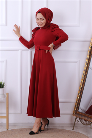 Omuzu Detaylı Elbise Bordo