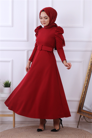 Omuzu Detaylı Elbise Bordo