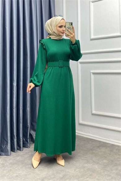 Omuzu Fırfır Detay Triko Elbise Yeşil