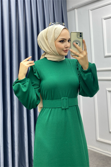 Omuzu Fırfır Detay Triko Elbise Yeşil