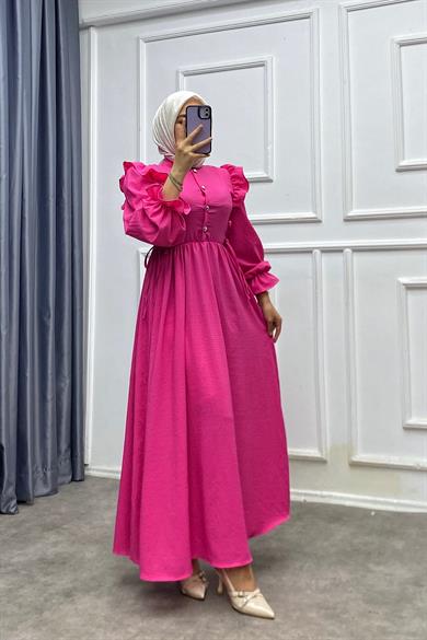 Omuzu Fırfırlı Elbise Fuşya 