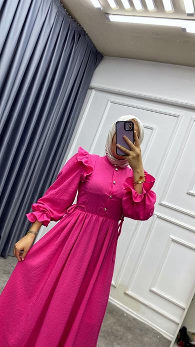 Omuzu Fırfırlı Elbise Fuşya 