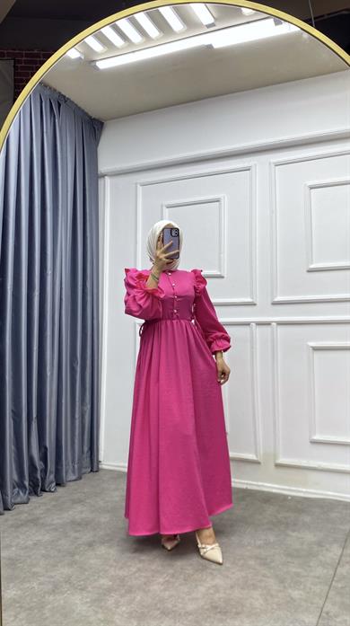 Omuzu Fırfırlı Elbise Fuşya 