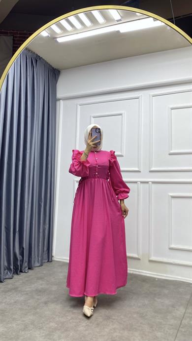 Omuzu Fırfırlı Elbise Fuşya 