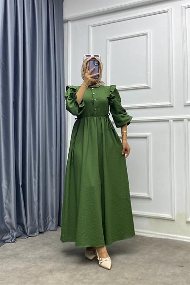 Omuzu Fırfırlı Elbise Haki Yeşili