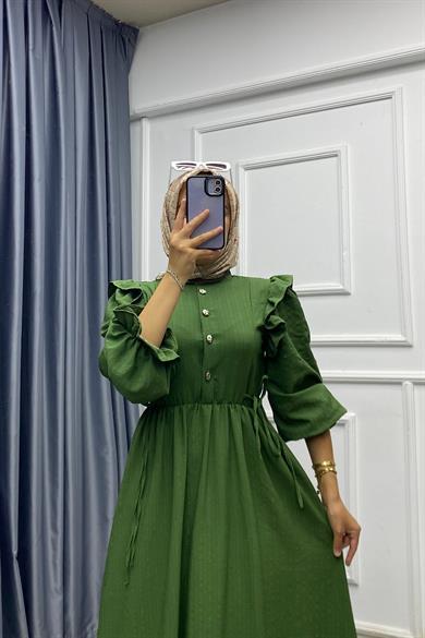 Omuzu Fırfırlı Elbise Haki Yeşili