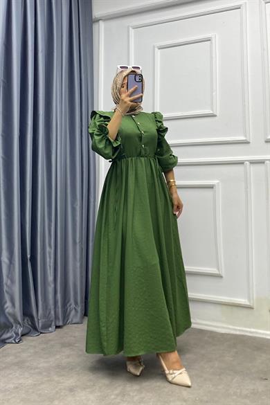 Omuzu Fırfırlı Elbise Haki Yeşili
