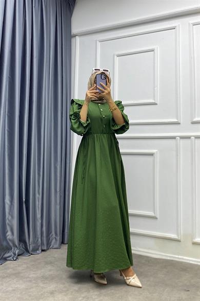 Omuzu Fırfırlı Elbise Haki Yeşili