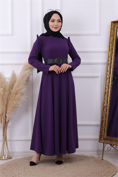 Omuzu Fırfırlı Elbise Mor