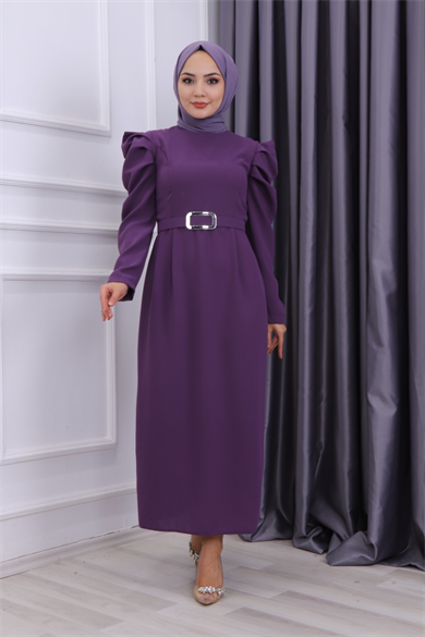 Omuzu Fırfırlı Elbise Mor