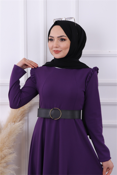 Omuzu Fırfırlı Elbise Mor