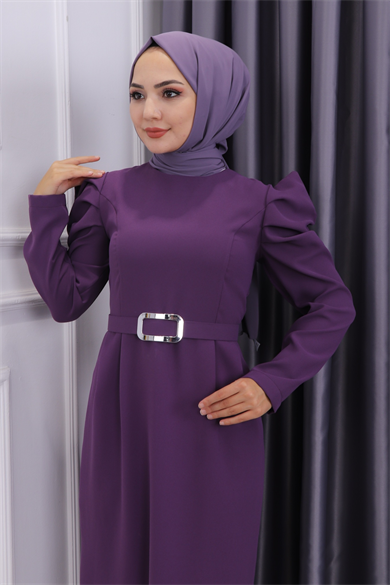 Omuzu Fırfırlı Elbise Mor