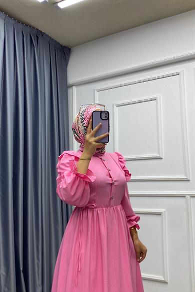 Omuzu Fırfırlı Elbise Pembe