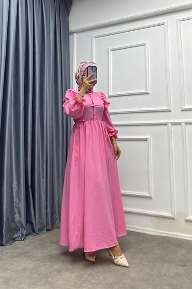 Omuzu Fırfırlı Elbise Pembe