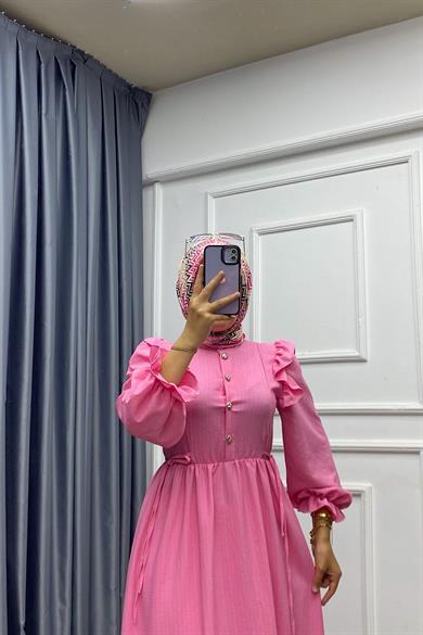 Omuzu Fırfırlı Elbise Pembe