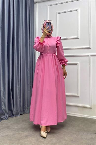 Omuzu Fırfırlı Elbise Pembe