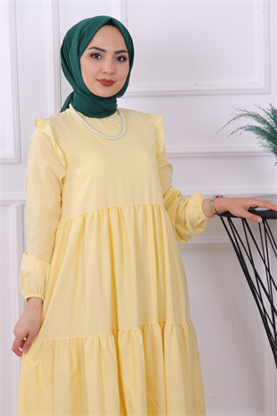 Omuzu Fırfırlı Elbise Sarı