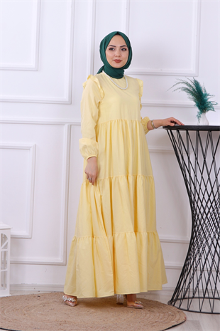 Omuzu Fırfırlı Elbise Sarı