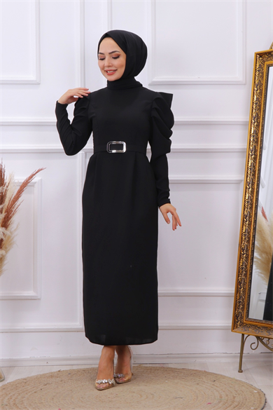 Omuzu Fırfırlı Elbise Siyah