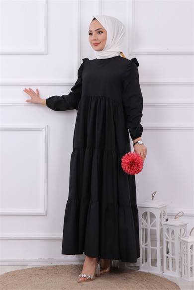 Omuzu Fırfırlı Elbise Siyah
