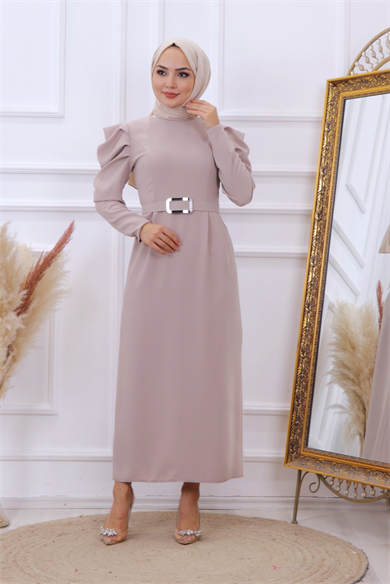 Omuzu Fırfırlı Elbise Taş