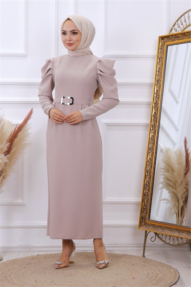 Omuzu Fırfırlı Elbise Taş